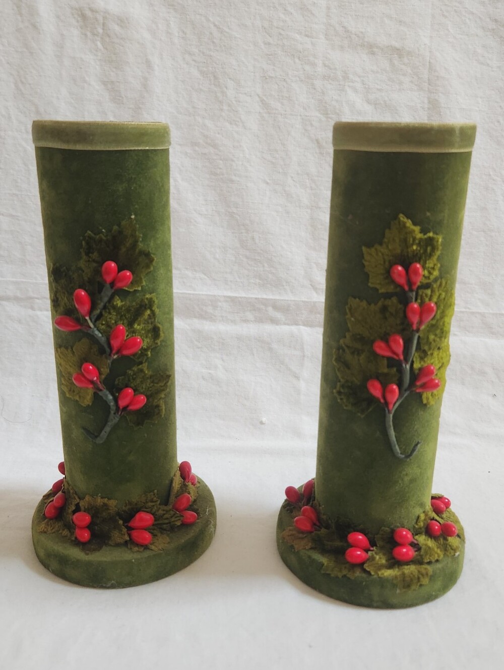 Vintage Green Velvet Holiday Candle Holders with Red Berry Accents